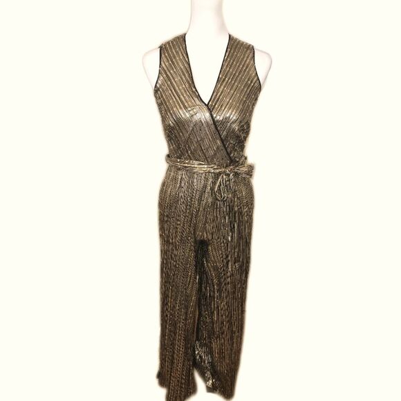 Donna Ricco New York Gold Metallic V-neck Tie Belt Jumpsuit, 2